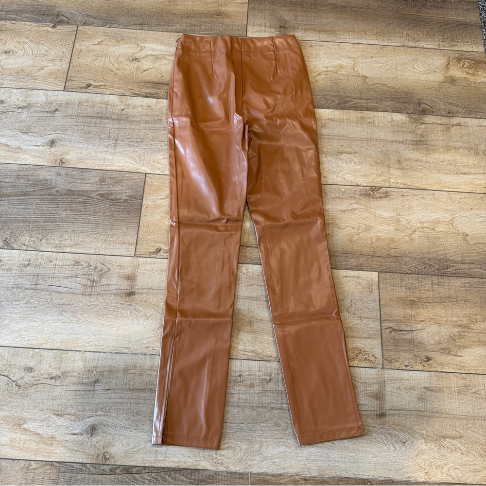 SBetro High Waist Slit Hem Faux Leather Light Brown